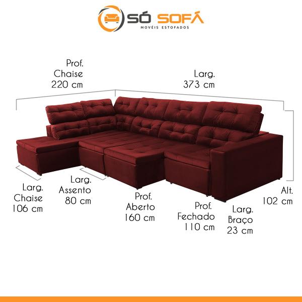 Imagem de Sofá de Canto Chaise E 373x220Cm Retrátil Reclinável Mola Bonnel Prime Suede Vermelho Bordo - SóSofá