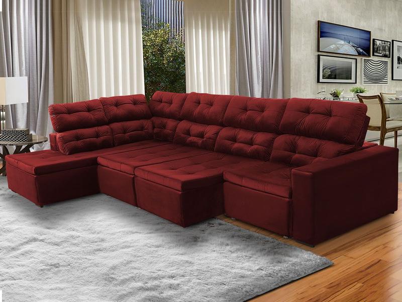 Imagem de Sofá de Canto Chaise E 373x220Cm Retrátil Reclinável Mola Bonnel Prime Suede Vermelho Bordo - SóSofá