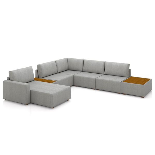 Imagem de Sofá de Canto Decorativo Sala de Estar 715cm Modulado Takashi com Chaise e Puffs Linho Cinza  G45 - Gran Belo