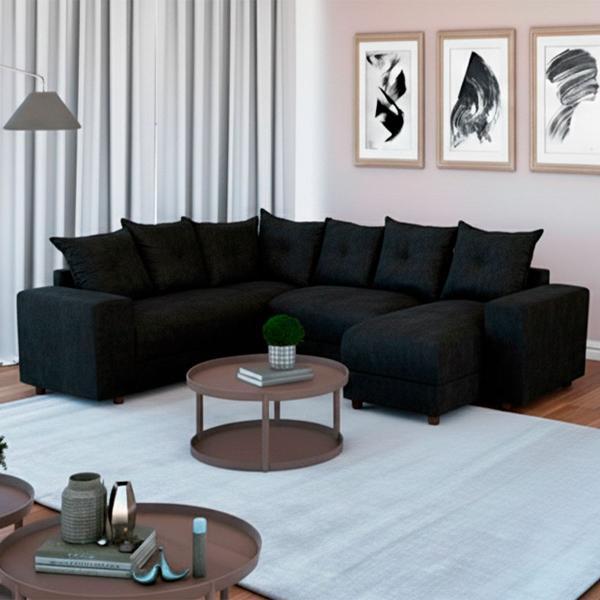 Sofá de Canto Para Sala Tecido Suede Macio Preto 604 Áustria