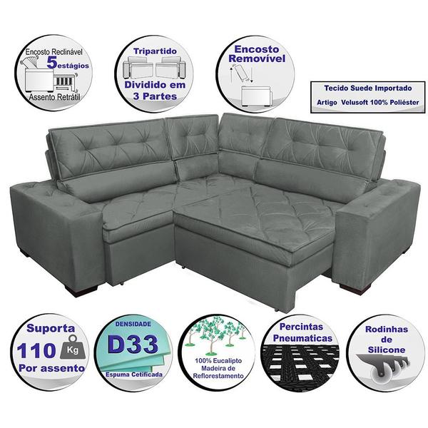 Imagem de Sofa de Canto Retrátil e Reclinável com Molas Cama inBox Austin 2,20m x 2,20m Suede Velusoft Cinza