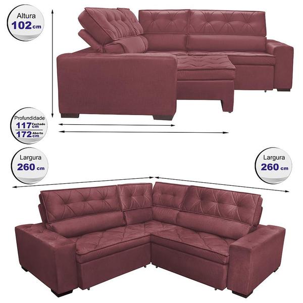 Imagem de Sofa de Canto Retrátil e Reclinável com Molas Cama inBox Austin 2,60m x 2,60m Suede Velusoft Vinho