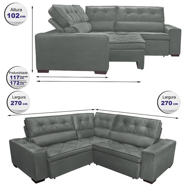 Imagem de Sofa de Canto Retrátil e Reclinável com Molas Cama inBox Austin 2,70m x 2,70m Suede Velusoft Cinza