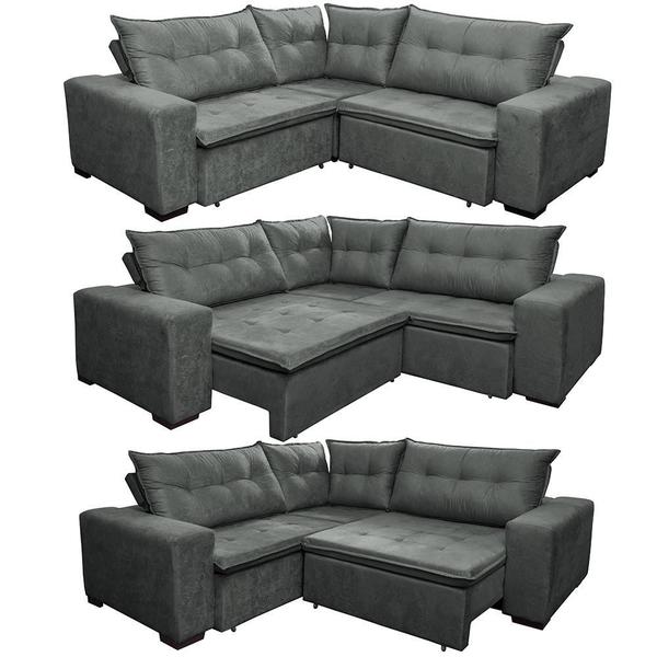 Imagem de Sofa de Canto Retrátil e Reclinável com Molas Cama inBox Oklahoma 2,20m Suede Velusoft Cinza