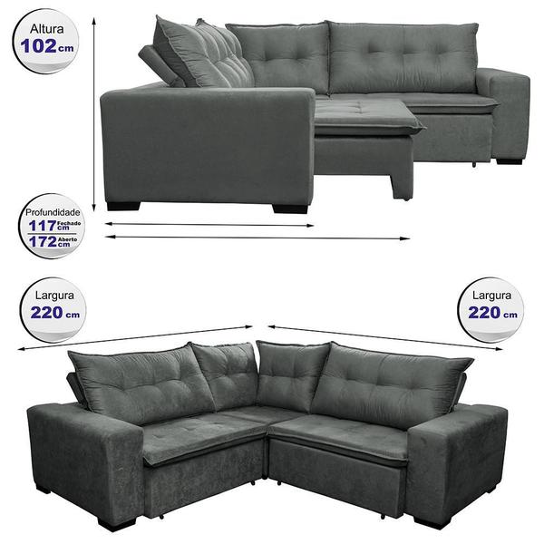 Imagem de Sofa de Canto Retrátil e Reclinável com Molas Cama inBox Oklahoma 2,20m Suede Velusoft Cinza