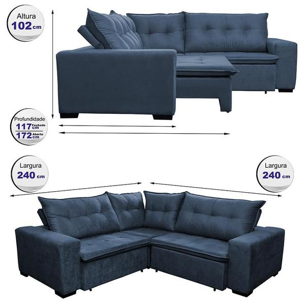 Imagem de Sofa de Canto Retrátil e Reclinável com Molas Cama inBox Oklahoma 2,40m Suede Velusoft Azul