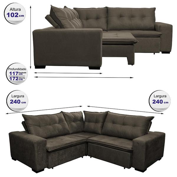 Imagem de Sofa de Canto Retrátil e Reclinável com Molas Cama inBox Oklahoma 2,40m Suede Velusoft Café