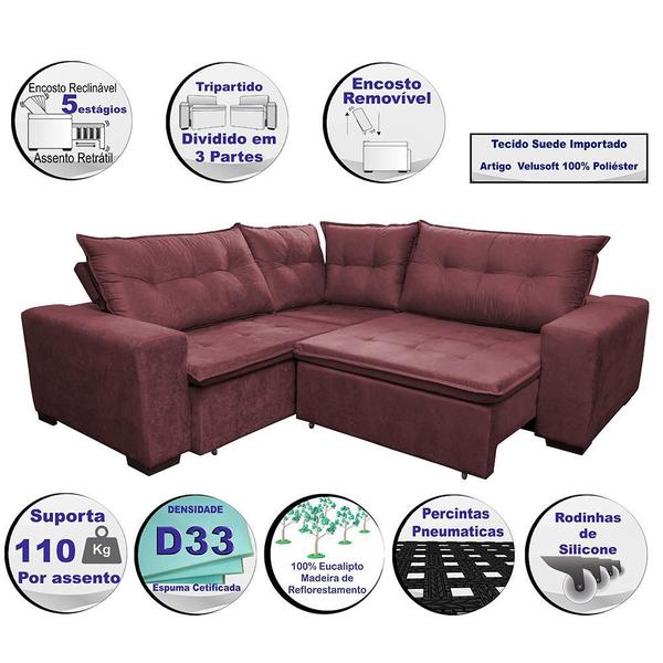 Imagem de Sofa de Canto Retrátil e Reclinável com Molas Cama inBox Oklahoma 2,60m Suede Velusoft Vinho