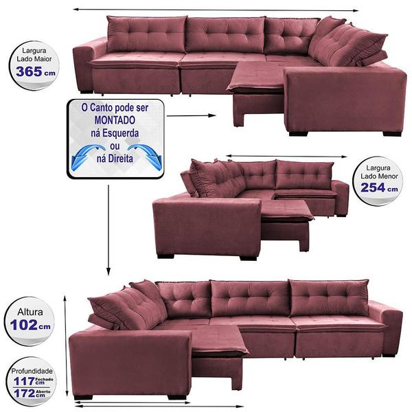 Imagem de Sofa de Canto Retrátil e Reclinável com Molas Cama inBox Oklahoma 3,65X2,51 ou 2,51X3,65 Vinho