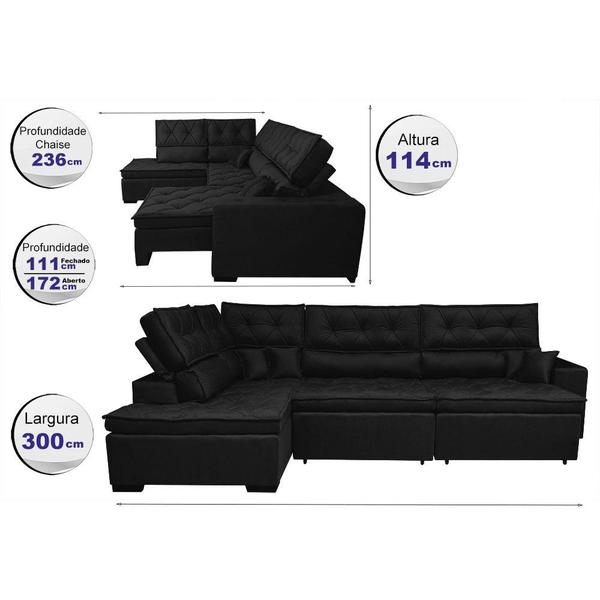 Imagem de Sofá de Canto Retrátil e Reclinável com Molas Cama inBox Platinum Esquerdo 3,00x2,36 Suede Preto