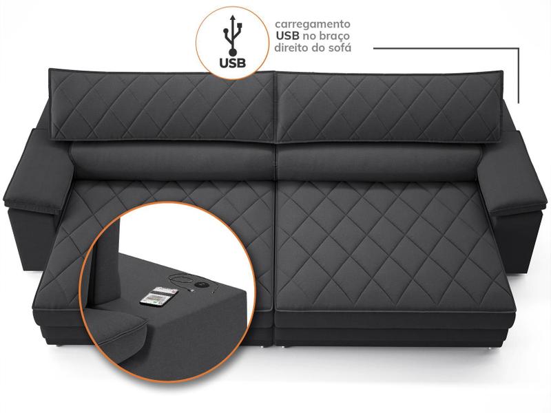 Imagem de Sofá de Duplo Molejo com Carregador USB, Retrátil e Reclinável Valencia 2,10m Linho Soft Grafite- NETSOFAS