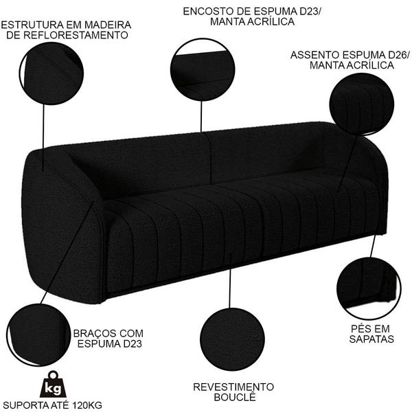 Imagem de Sofá Decorativo 3 Lugares 252cm e Poltrona Meris M22 Bouclê Preto - Mpozenato