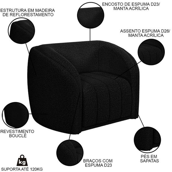 Imagem de Sofá Decorativo 3 Lugares 252cm e Poltrona Meris M22 Bouclê Preto - Mpozenato