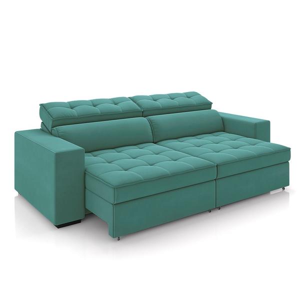 Imagem de Sofá Decorativo Hugo 3 Lugares 246cm Reclinável e Retrátil Veludo Azul Turqueza G45 - Gran Belo