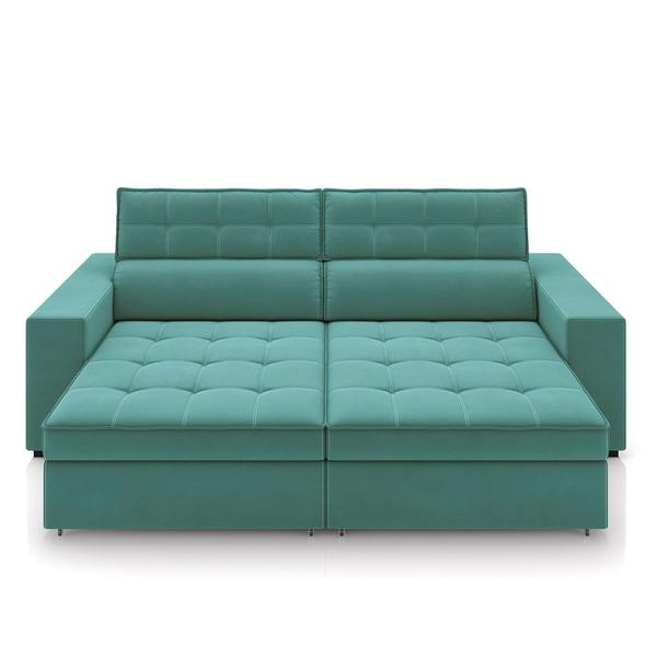 Imagem de Sofá Decorativo Hugo 4 Lugares 300cm Reclinável e Retrátil Veludo Azul Turqueza G45 - Gran Belo