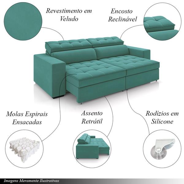 Imagem de Sofá Decorativo Hugo 4 Lugares 300cm Reclinável e Retrátil Veludo Azul Turqueza G45 - Gran Belo