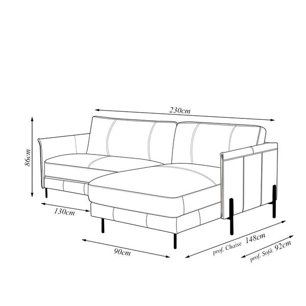 Imagem de Sofá Decorativo Karine 3 Lugares Sala de estar 230cm com Chaise Pés em Aço Couro Fendi G88 - Gran Belo