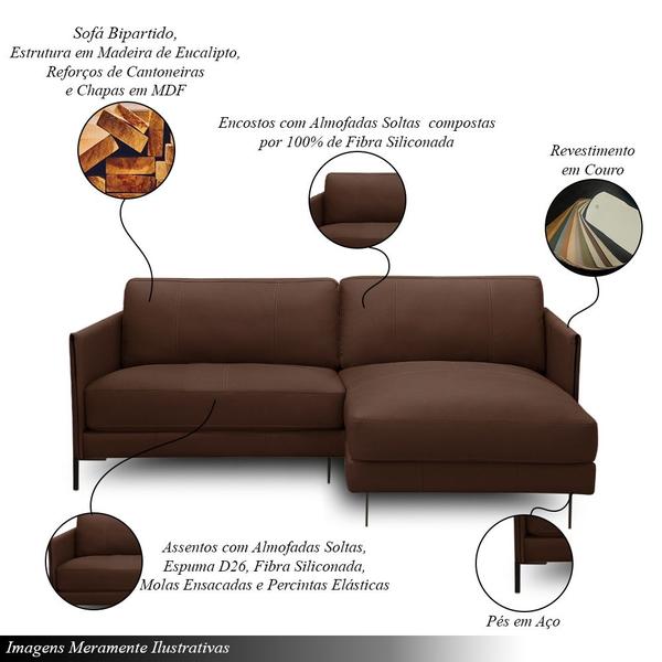 Imagem de Sofá Decorativo Karine 3 Lugares Sala de estar 230cm com Chaise Pés em Aço Couro Marrom Chocolate G88 - Gran Belo