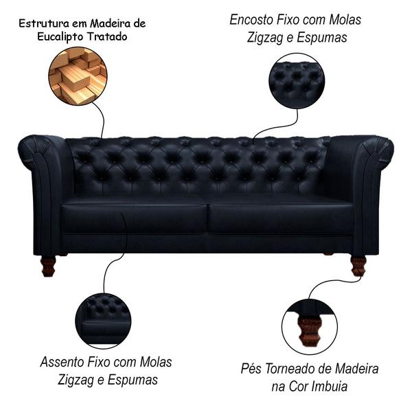 Imagem de Sofá Decorativo Sala de Estar Chesterfield 2 Lugares 180cm Couro Azul Marinho - Mozzelar