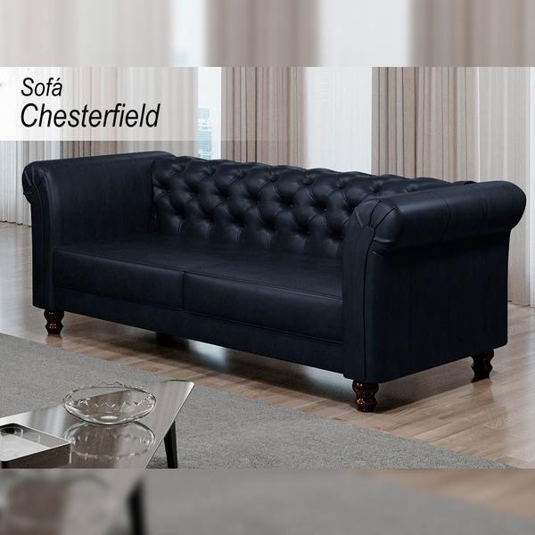 Imagem de Sofá Decorativo Sala de Estar Chesterfield 3 Lugares 220cm Couro Azul Marinho - Mozzelar