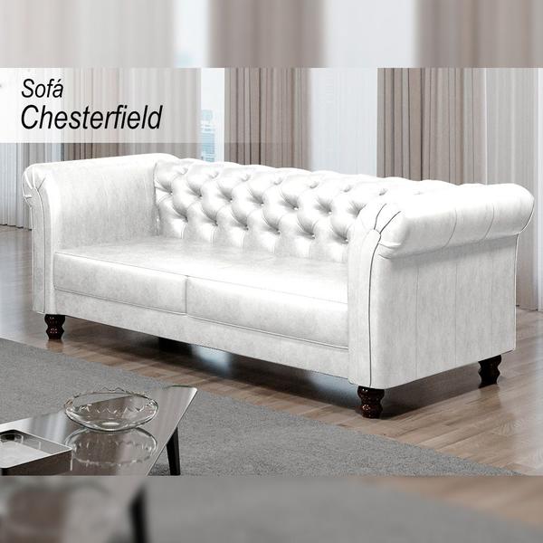 Imagem de Sofá Decorativo Sala de Estar Chesterfield 3 Lugares 220cm Couro Branco - Mozzelar