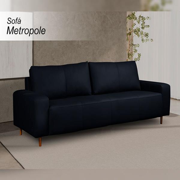 Imagem de Sofá Decorativo Sala de Estar Metropole 3 Lugares 200cm Couro Azul Marinho - Mozzelar