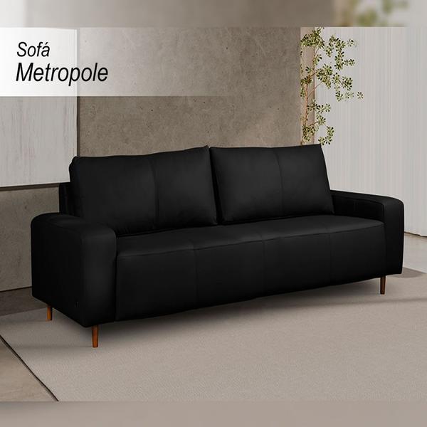 Imagem de Sofá Decorativo Sala de Estar Metropole 3 Lugares 200cm Couro Preto - Mozzelar