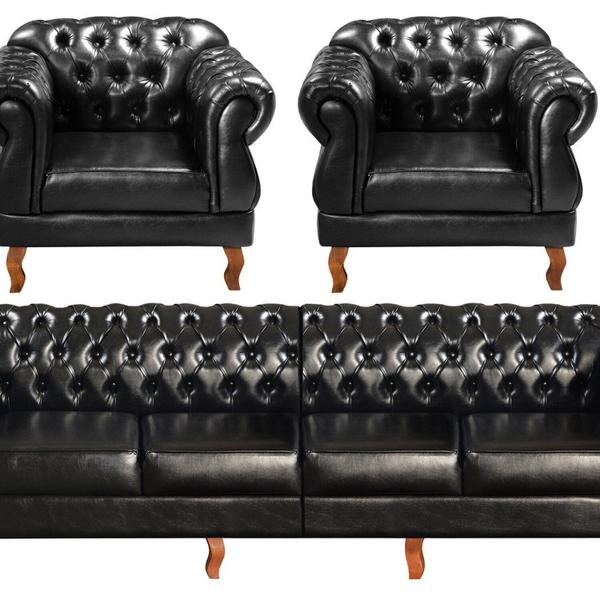 Imagem de Sofá Duquesa Chesterfield Modulado 4 Lugares 2 Poltronas Decoração Sara Recepção Preto