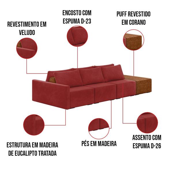 Imagem de Sofá Ilha 3 Lugares Living 342cm Modulado para Sala Lary Veludo K01 - D'Rossi