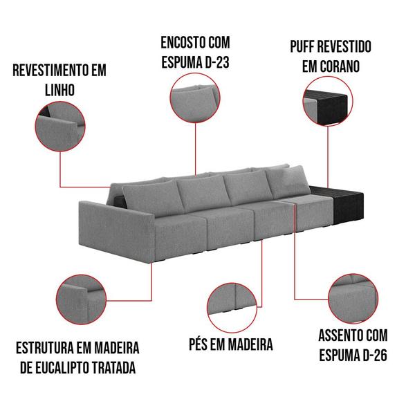 Imagem de Sofá Ilha 4 Lugares Living 392cm Modulado para Sala Lary Linho/PU Pto K01 - D'Rossi