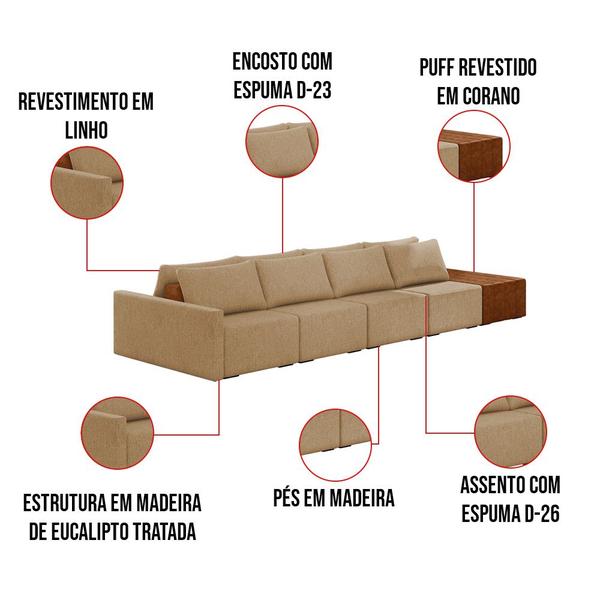 Imagem de Sofá Ilha 4 Lugares Living 512cm Modulado para Sala Lary Linho Areia K01 - D'Rossi