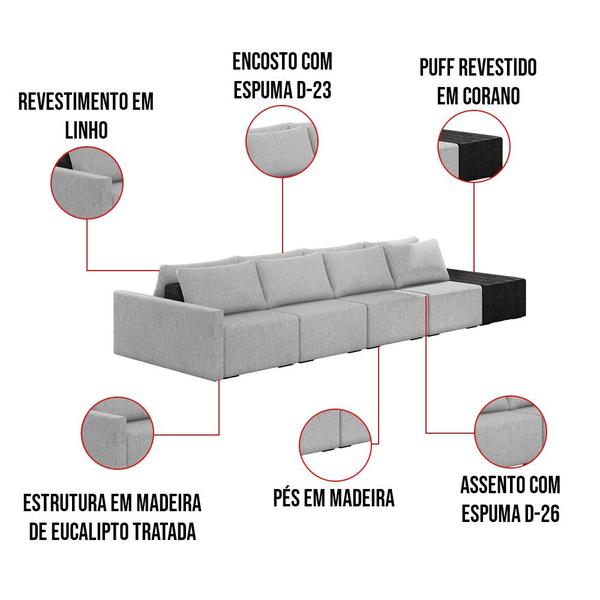 Imagem de Sofá Ilha 4 Lugares Living 512cm Modulado para Sala Lary Linho/PU Pto K01 - D'Rossi