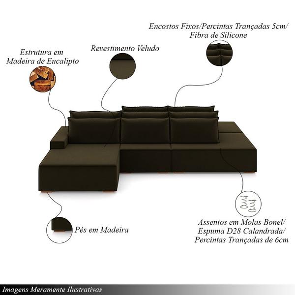 Imagem de Sofá Ilha com Encosto e Almofadas Delta 435cm Modulado Chaise e Puffs Veludo Castor G52 - Gran Belo