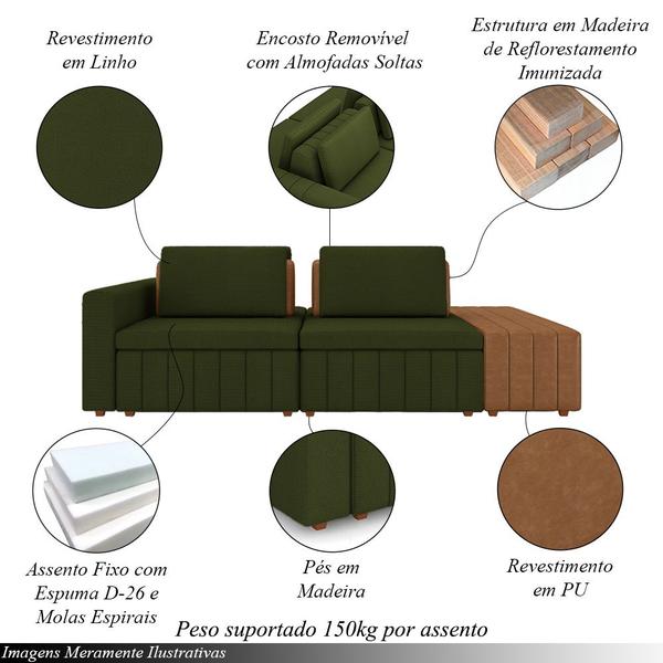 Imagem de Sofá Ilha com Encosto e Almofadas Móveis Olimpo 245cm Modulado Linho/PU Verde/Caramelo G45 - Gran Belo