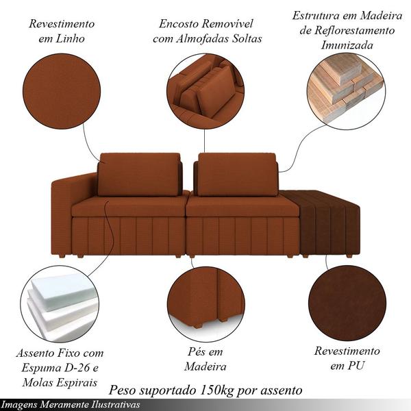 Imagem de Sofá Ilha com Encosto e Almofadas Móveis Olimpo 265cm Modulado Linho/PU Terracota/Marrom G45 - Gran Belo