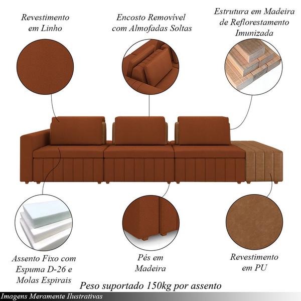 Imagem de Sofá Ilha com Encosto e Almofadas Móveis Olimpo 335cm Modulado Linho/PU Terracota/Caramelo G45 - Gran Belo