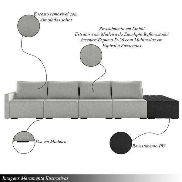 Imagem de Sofá Ilha Modulado Milos 392cm Puff Lateral Cinza Preto Manchado Linho/PU G33 - Gran Belo