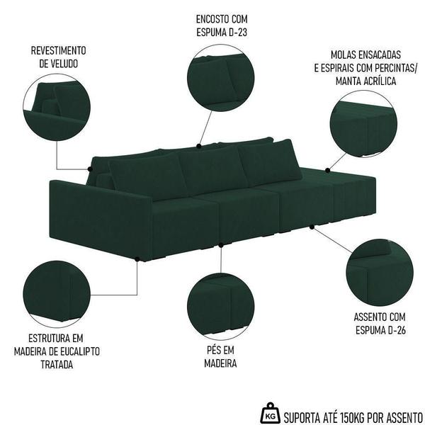 Imagem de Sofá Ilha Modular Com Puff Para Sala Living 312cm Georgia K04 Veludo Verde - Mpozenato