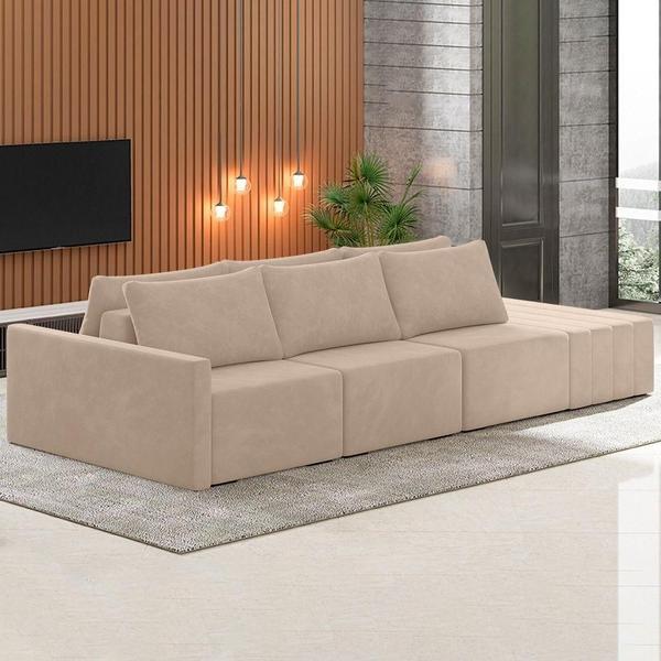 Imagem de Sofá Ilha Modular Com Puff Para Sala Living 342cm Georgia K04 Veludo Bege - Mpozenato