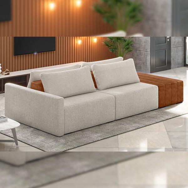 Imagem de Sofá Ilha Modular Para Sala 232cm com Puff Dublin K01 Bouclê Creme Sintético Caramelo - Lyam Decor