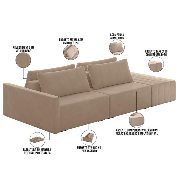 Imagem de Sofá Ilha Modular para Sala 252cm com Puff Dublin K01 Veludo Bege - Lyam Decor