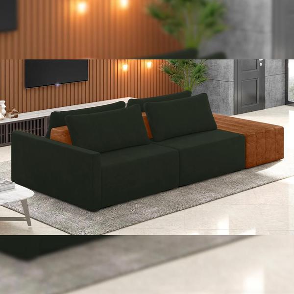 Imagem de Sofá Ilha Modular Para Sala 252cm com Puff Dublin K01 Veludo Verde Sintético Caramelo - Lyam Decor