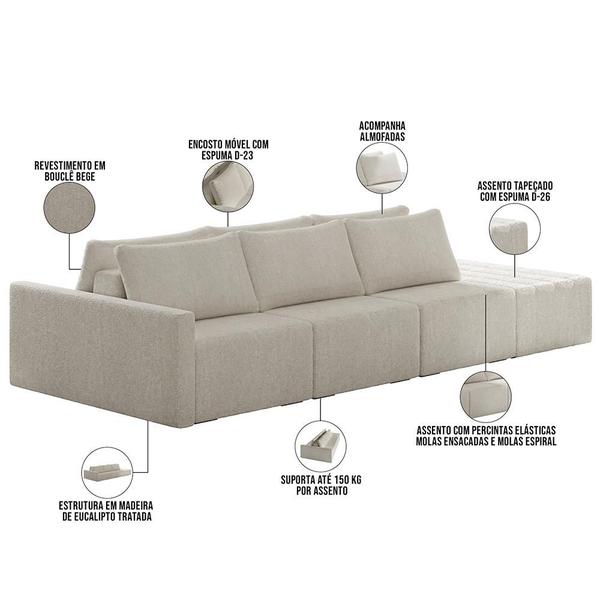 Imagem de Sofá Ilha Modular para Sala 312cm com Puff Dublin K01 Bouclê Bege - Lyam Decor