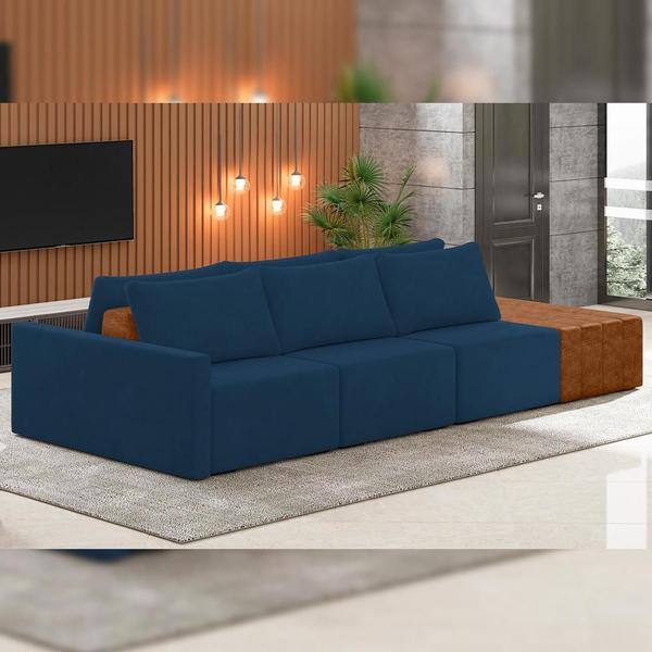 Imagem de Sofá Ilha Modular Para Sala 342cm com Puff Dublin K01 Veludo Azul Sintético Caramelo - Lyam Decor