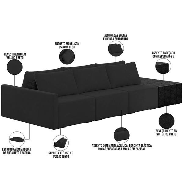 Imagem de Sofá Ilha Modular Para Sala 342cm com Puff Dublin K01 Veludo Bege e Sintético Preto - Lyam Decor