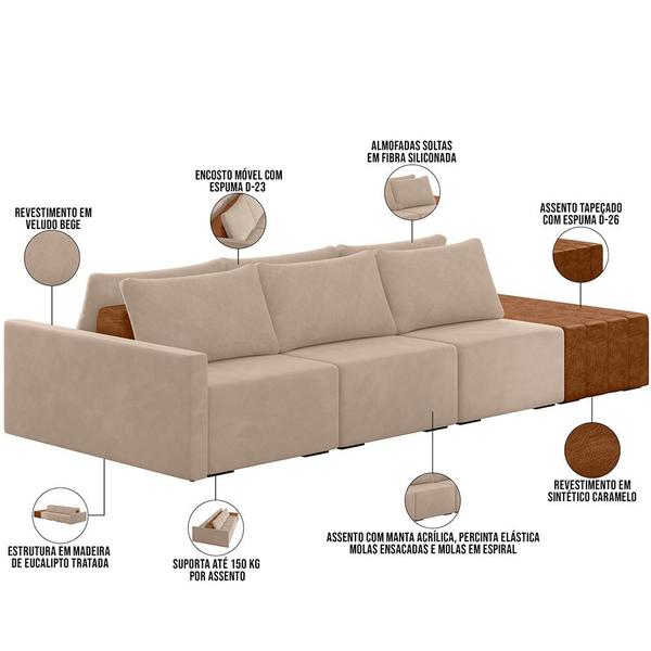 Imagem de Sofá Ilha Modular Para Sala 342cm com Puff Dublin K01 Veludo Bege Sintético Caramelo - Lyam Decor