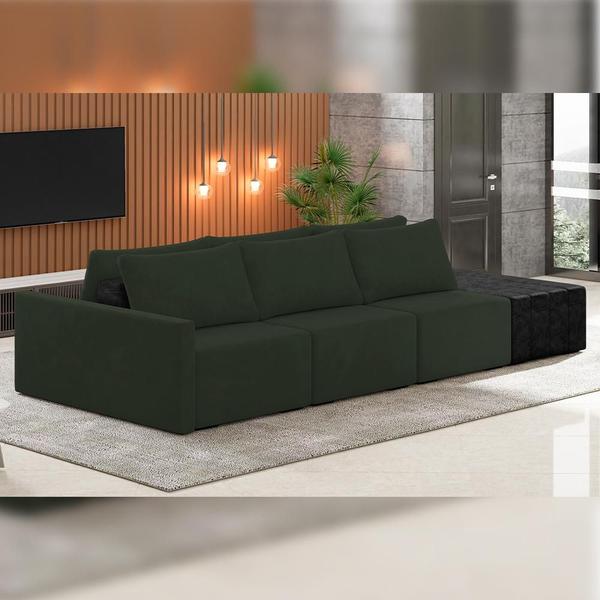 Imagem de Sofá Ilha Modular Para Sala 342cm com Puff Dublin K01 Veludo Verde e Sintético Preto - Lyam Decor