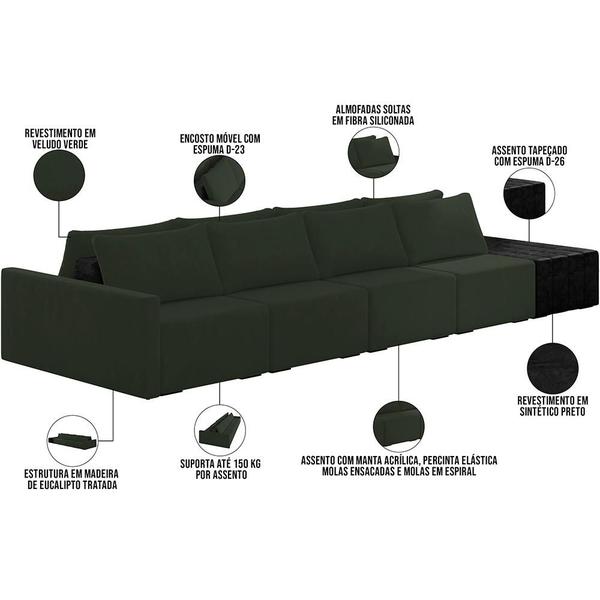 Imagem de Sofá Ilha Modular Para Sala 392cm com Puff Dublin K01 Veludo Verde e Sintético Preto - Lyam Decor