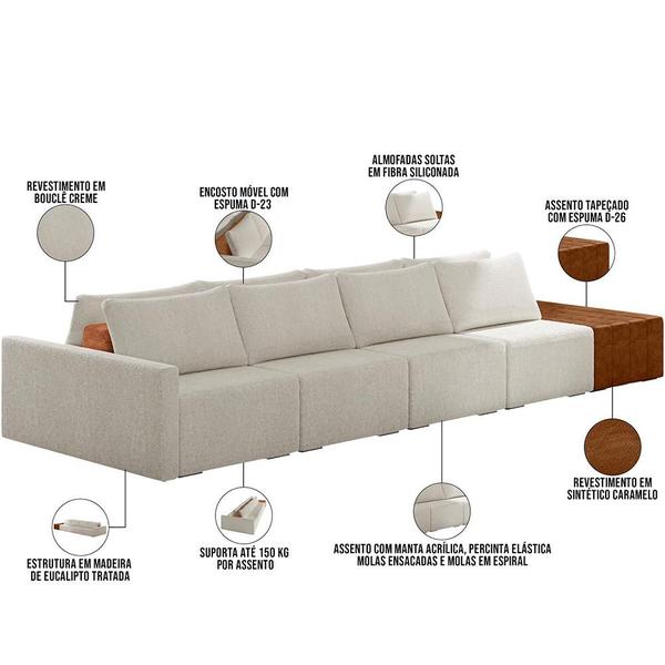 Imagem de Sofá Ilha Modular Para Sala 432cm com Puff Dublin K01 Bouclê Creme Sintético Caramelo - Lyam Decor