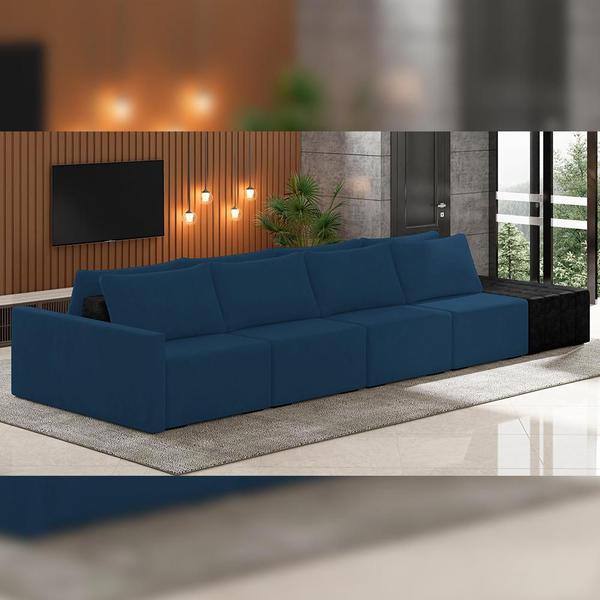 Imagem de Sofá Ilha Modular Para Sala 432cm com Puff Dublin K01 Veludo Azul Marinho e Sintético Preto - Lyam Decor